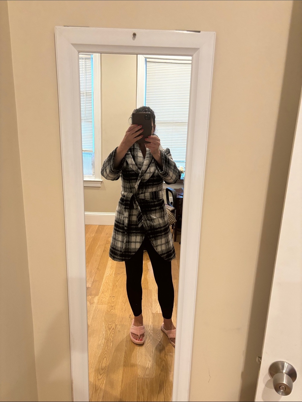T Tahari Black and White Plaid Belted Trench